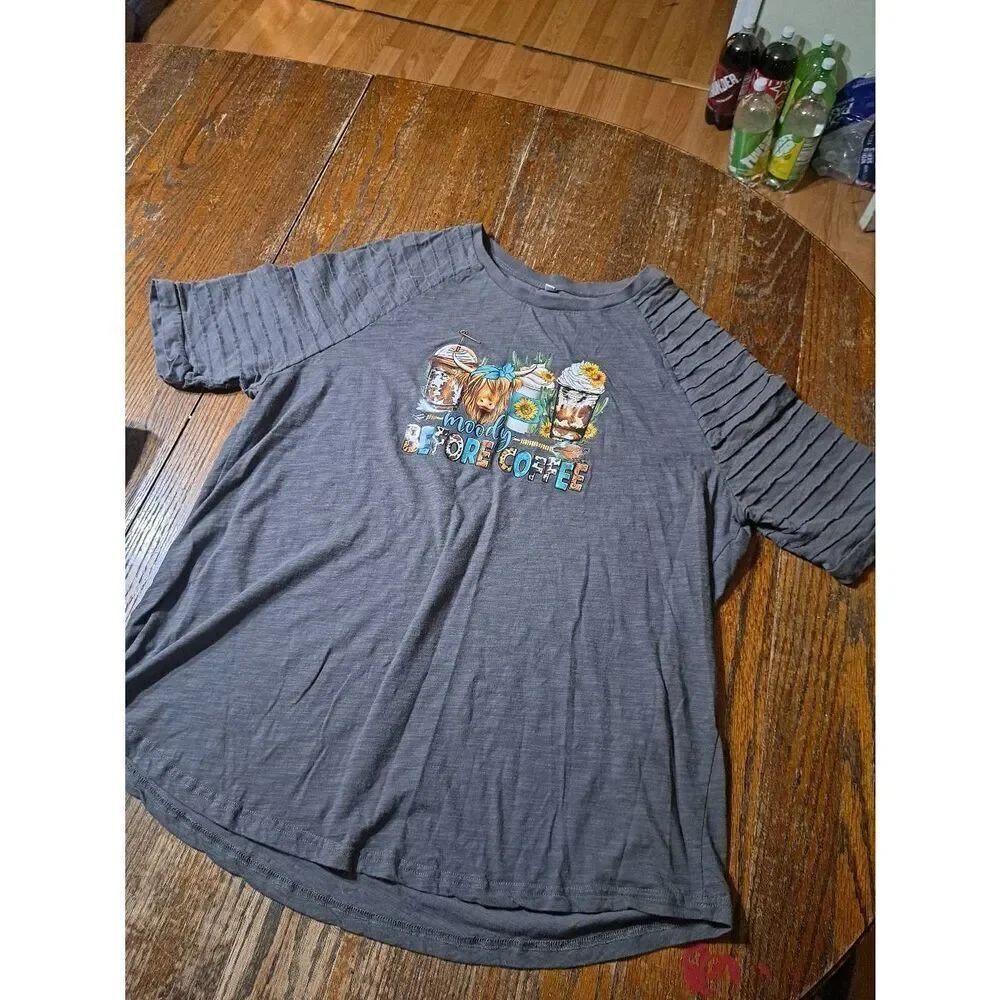 XL Moody Before Coffee Short Sleeve Tee TShirt Top Shirt Cow Coffee Sunflower